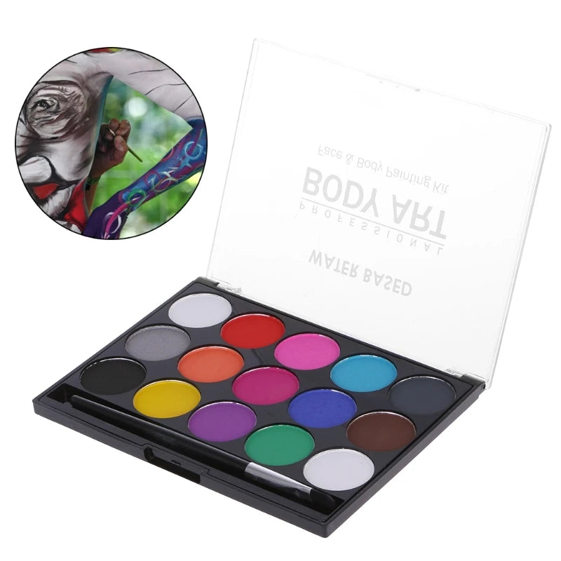 H8WA Multifunction Face Body Paint Palette Face Body Paint with Brush Washable 15 Color Paint for Soccer Fan Face Body Art