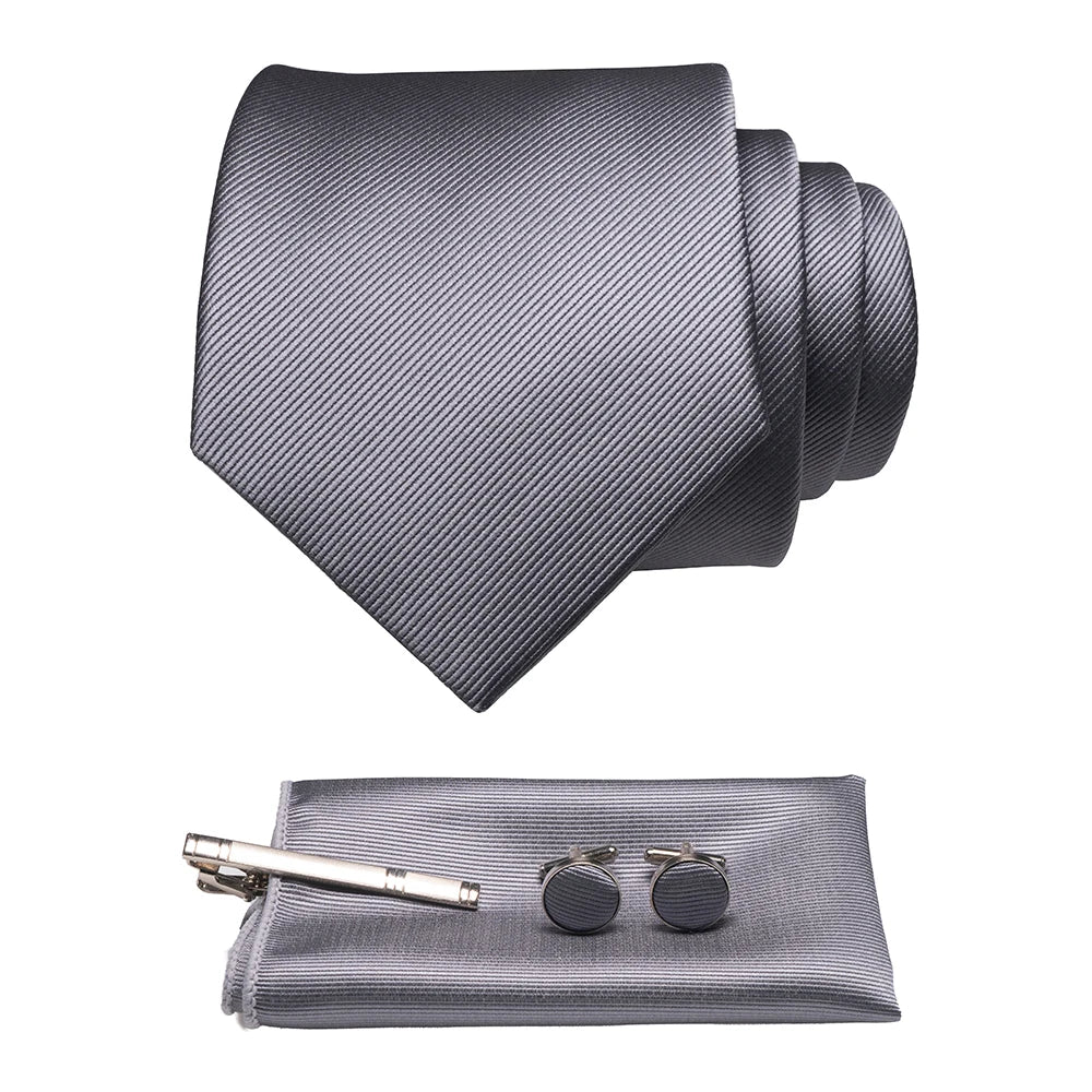 Original New Solid Silk Tie Male Formal Plain Red Necktie Pocket Square Hanky ​​Cufflinks Set for Men Party Wedding