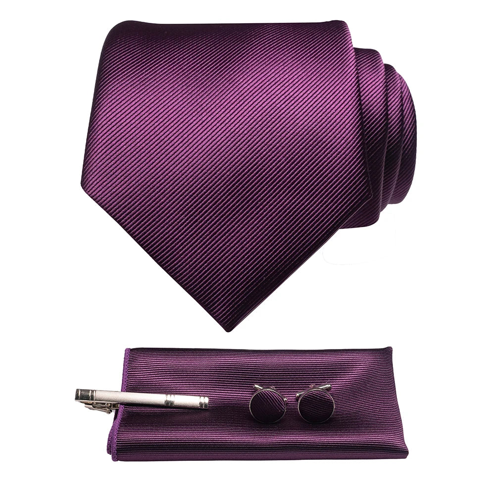 Original New Solid Silk Tie Male Formal Plain Red Necktie Pocket Square Hanky ​​Cufflinks Set for Men Party Wedding