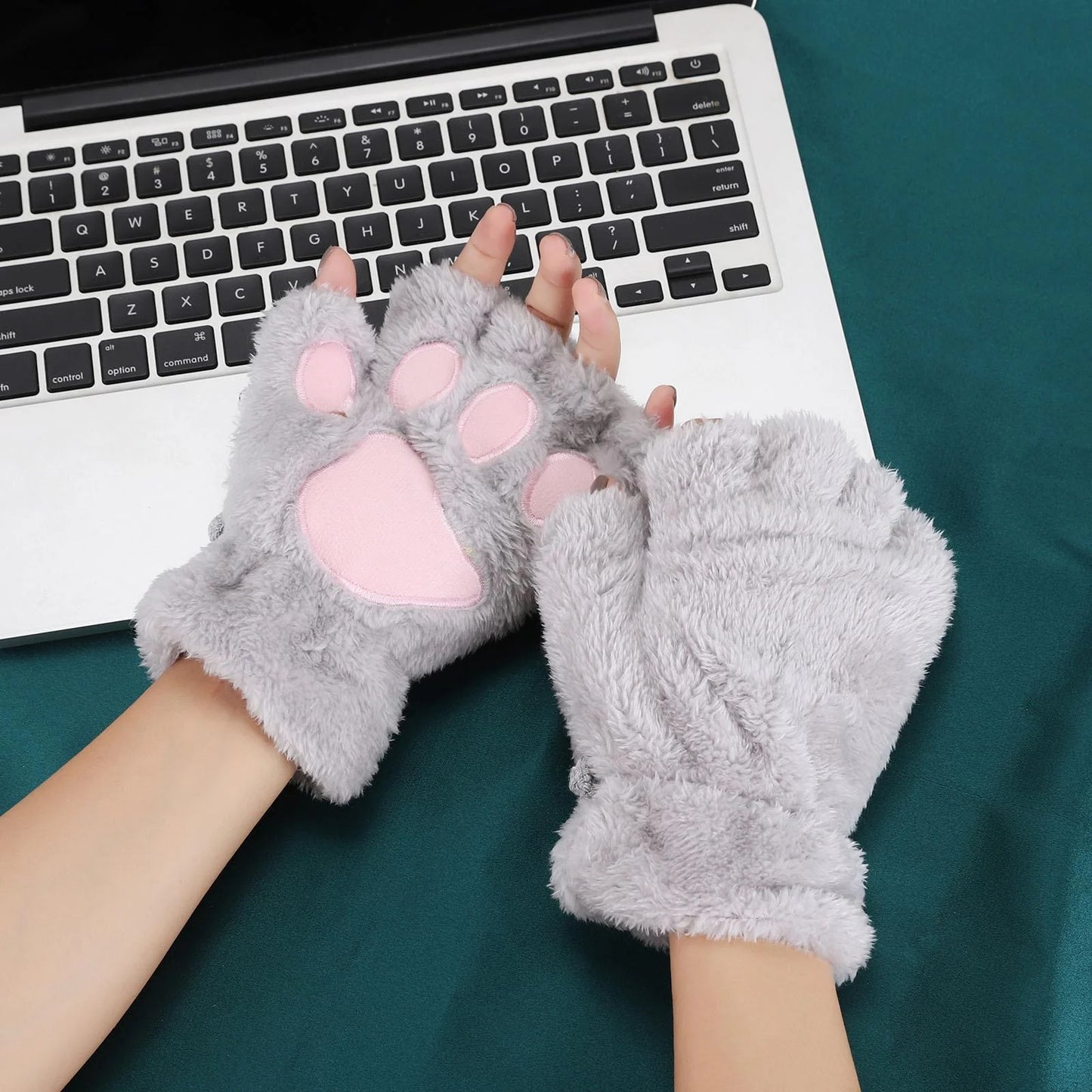 Cat Paw Gloves Durable Plush Cat Paw Fingerless Faux Fur Gloves (Gray)