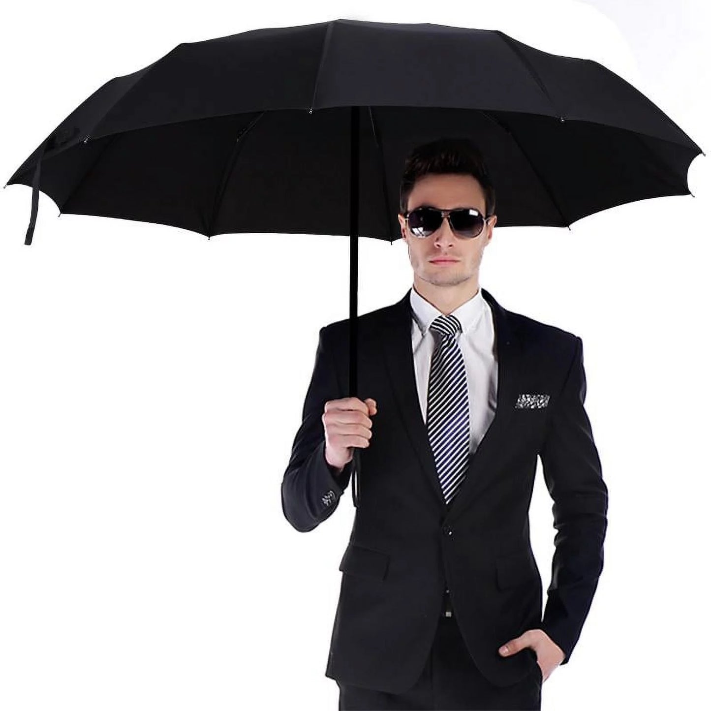 Black Large Windproof Travel Umbrella 10 Ribs Unbreakable Auto Open Close Waterproof Stormproof Canopy Rustproof Folding Compact Rain Umbrellas for Men and Women,Black Large Windproof Travel Um