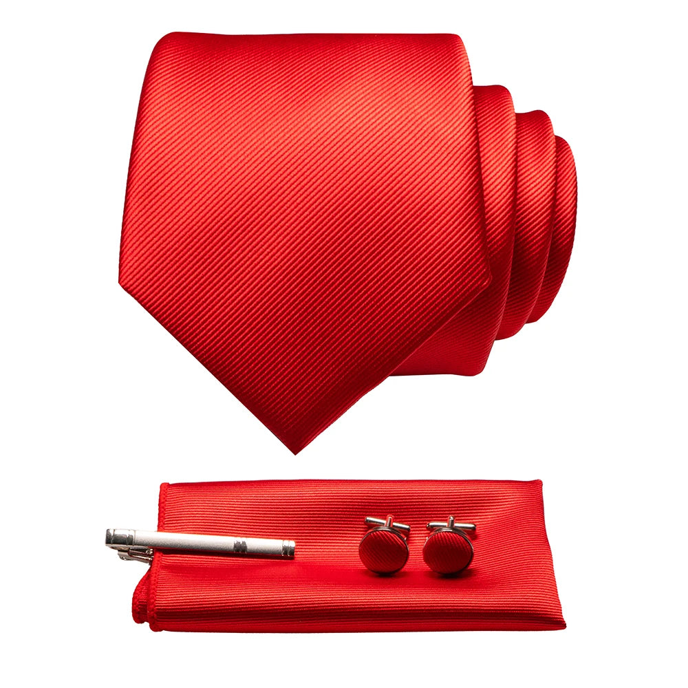 Original New Solid Silk Tie Male Formal Plain Red Necktie Pocket Square Hanky ​​Cufflinks Set for Men Party Wedding