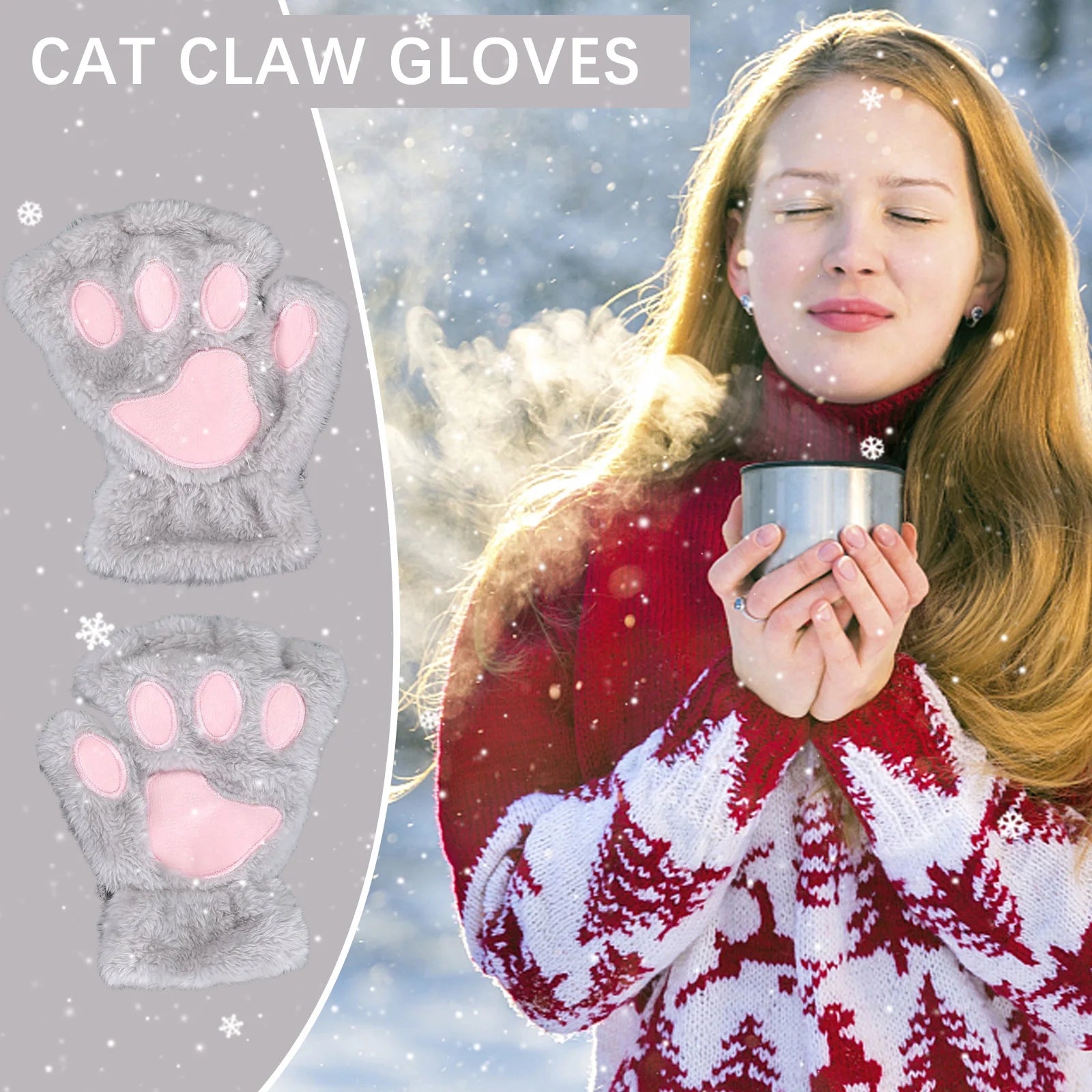 Cat Paw Gloves Durable Plush Cat Paw Fingerless Faux Fur Gloves (Gray)