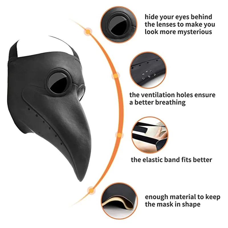 Halloween Black Rubber Plague Doctor Mask Long Nose Bird Beek Steampunk Gas Latex Face Mask Cosplay Prop for Kids and Adult