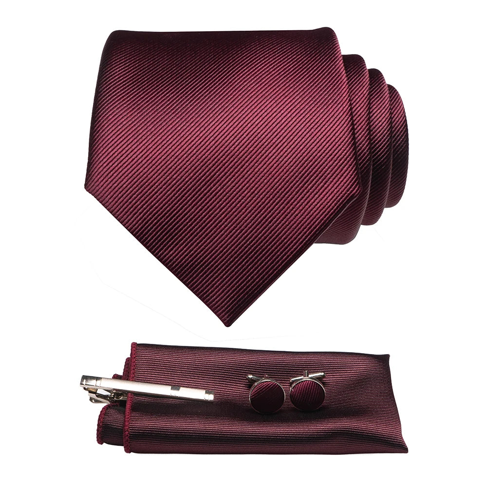 Original New Solid Silk Tie Male Formal Plain Red Necktie Pocket Square Hanky ​​Cufflinks Set for Men Party Wedding