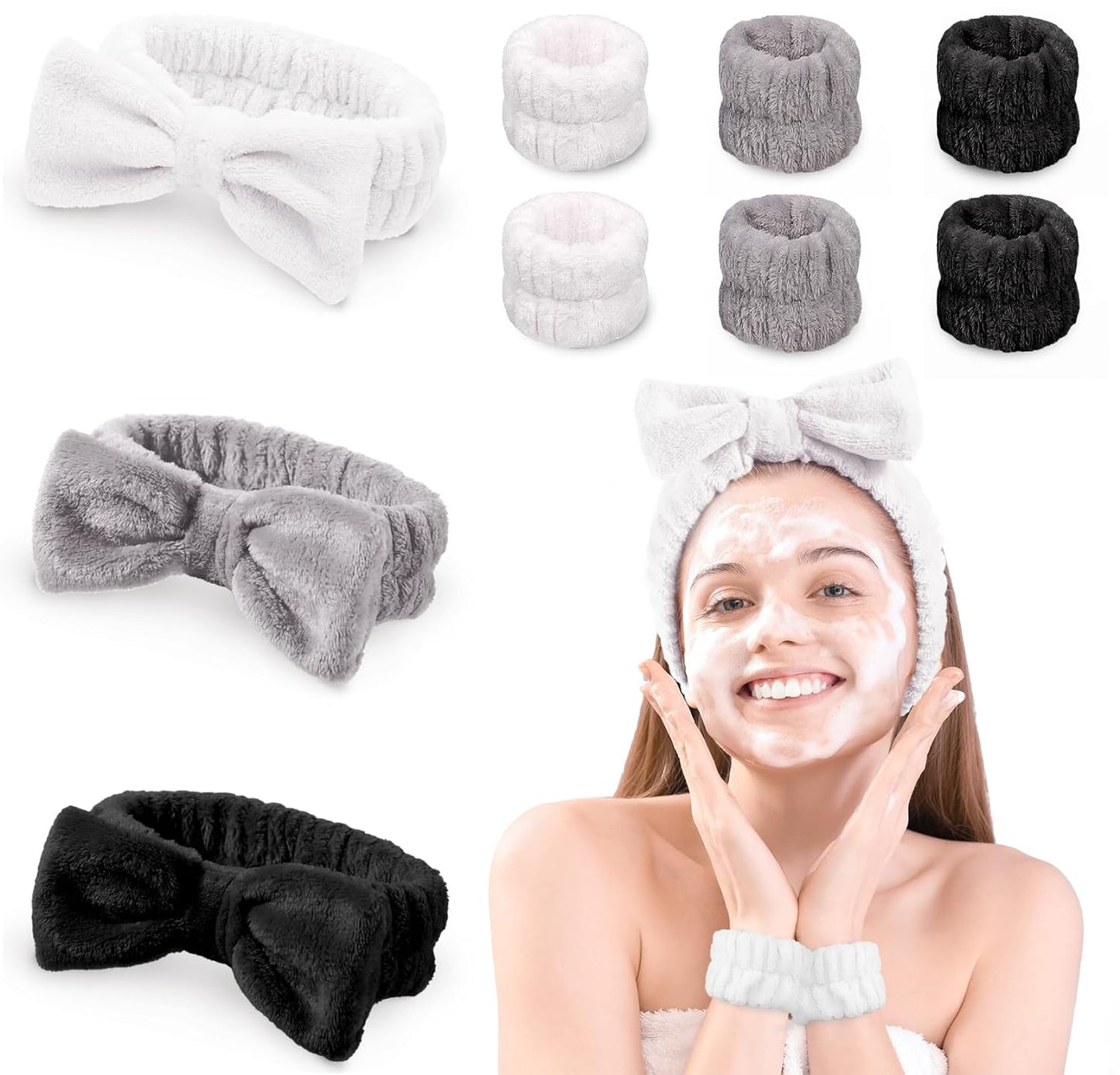 9 Pack Spa Headband Wristband Set, Bow Hair Band for Washing Face Facial Makeup