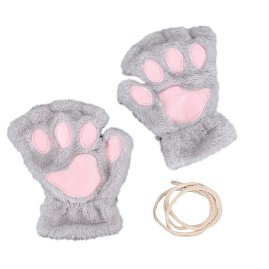 Cat Paw Gloves Durable Plush Cat Paw Fingerless Faux Fur Gloves (Gray)