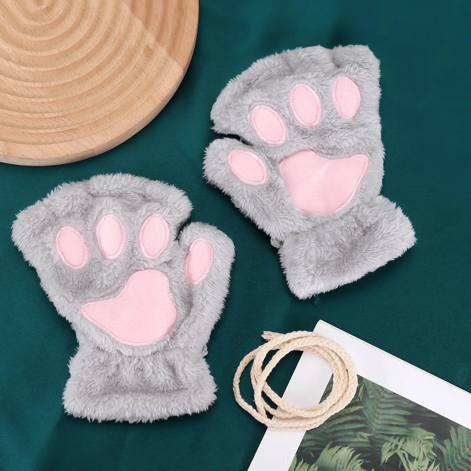 Cat Paw Gloves Durable Plush Cat Paw Fingerless Faux Fur Gloves (Gray)